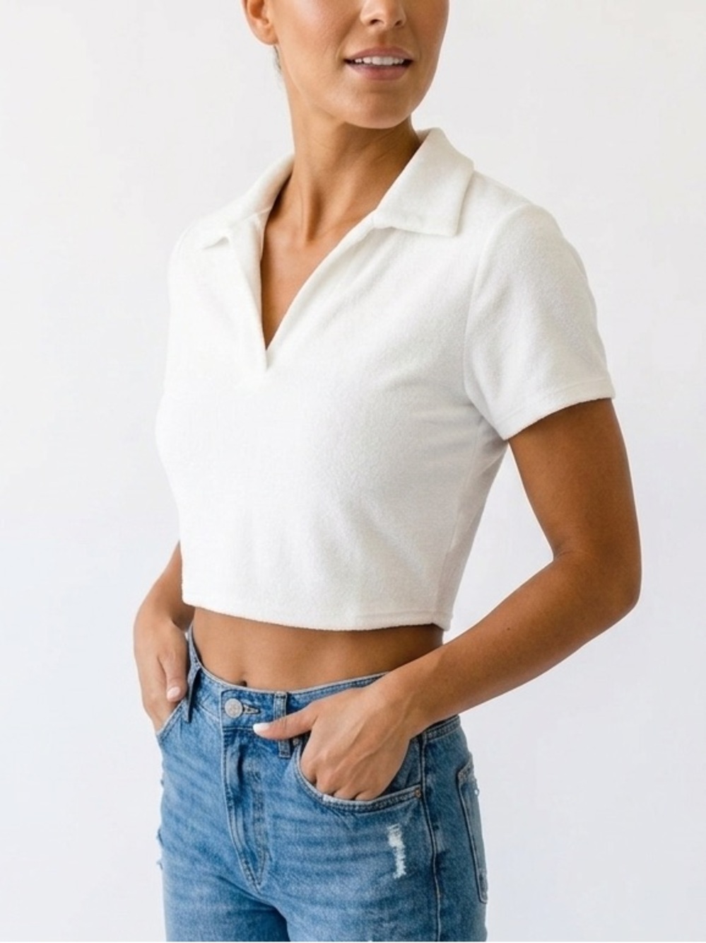 Julia by Love J White Terry Cloth V-Neck Cropped Polo Short Sleeve Shirt